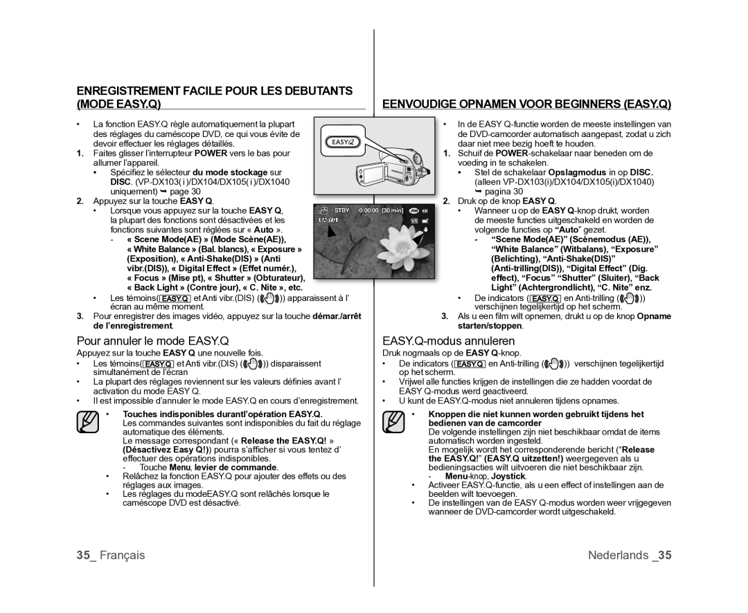 Samsung VP-DX100/XEF, VP-DX105/XEF manual Enregistrement Facile Pour LES Debutants Mode EASY.Q, Pour annuler le mode EASY.Q 