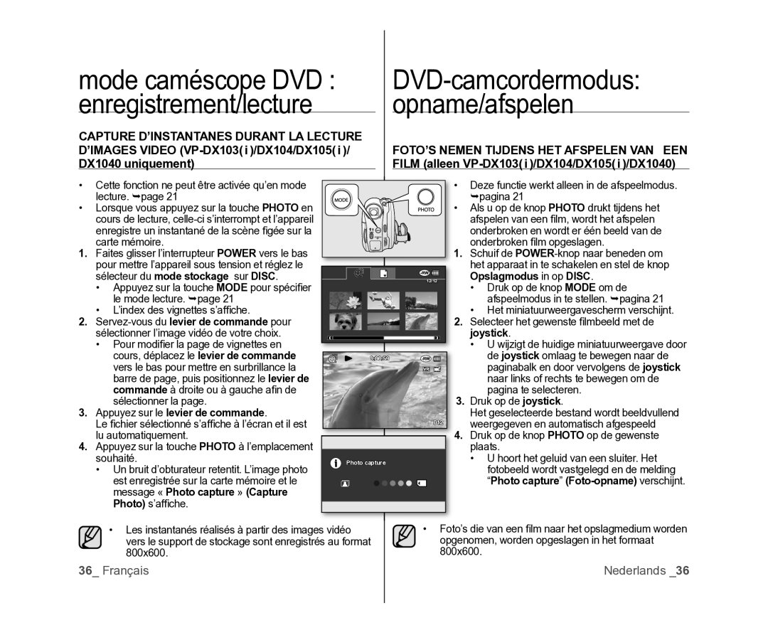 Samsung VP-DX105/XEF manual Carte mémoire, Appuyez sur le levier de commande, Druk op de knop Photo op de gewenste plaats 