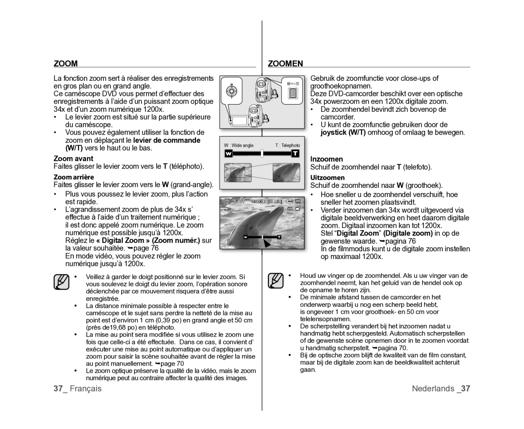 Samsung VP-MX25E/EDC, VP-DX105/XEF, VP-DX100/XEF manual Zoom Zoomen, Zoom avant, Zoom arrière, Inzoomen, Uitzoomen 