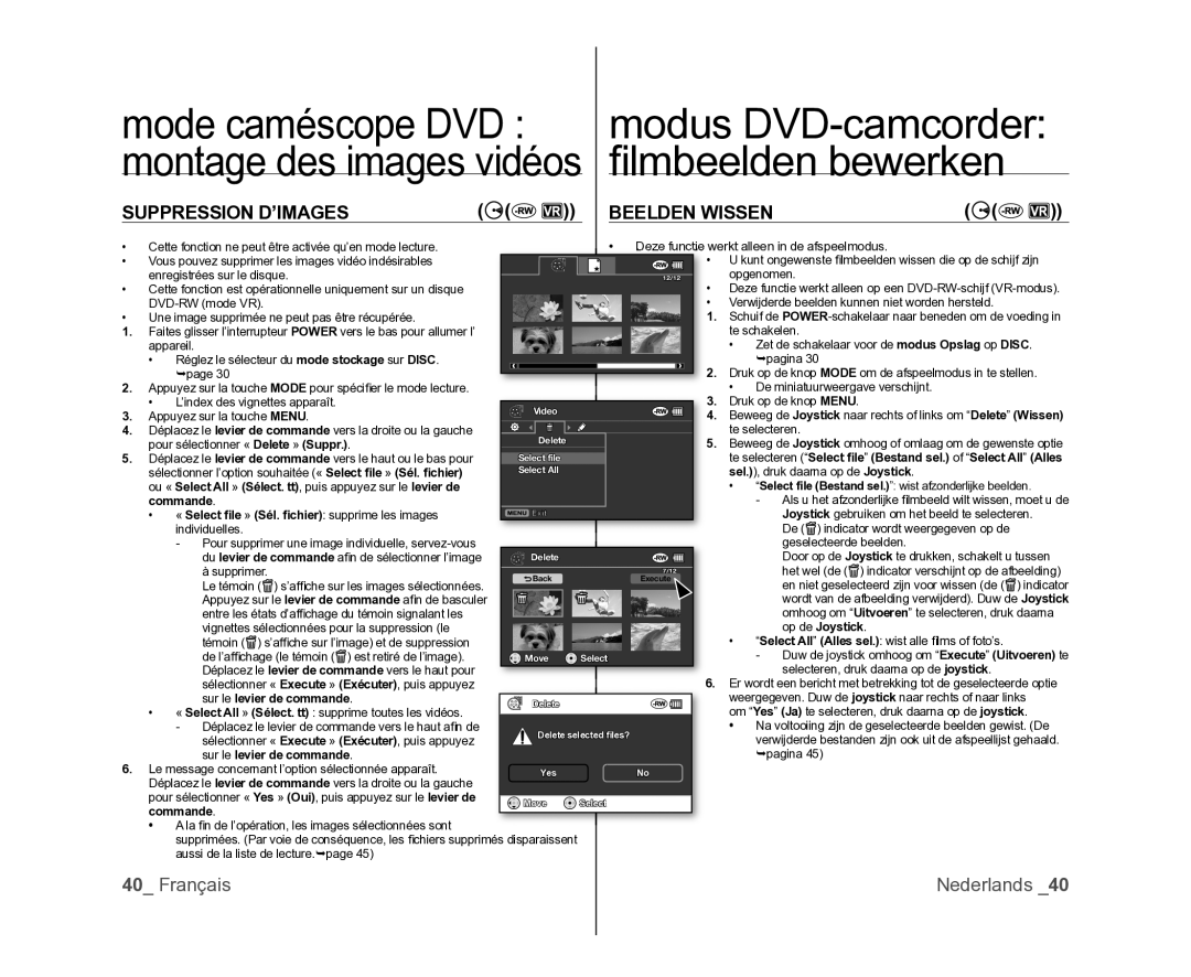 Samsung VP-MX25E/EDC manual Mode caméscope DVD Modus DVD-camcorder, Lmbeelden bewerken, Suppression D’IMAGES Beelden Wissen 