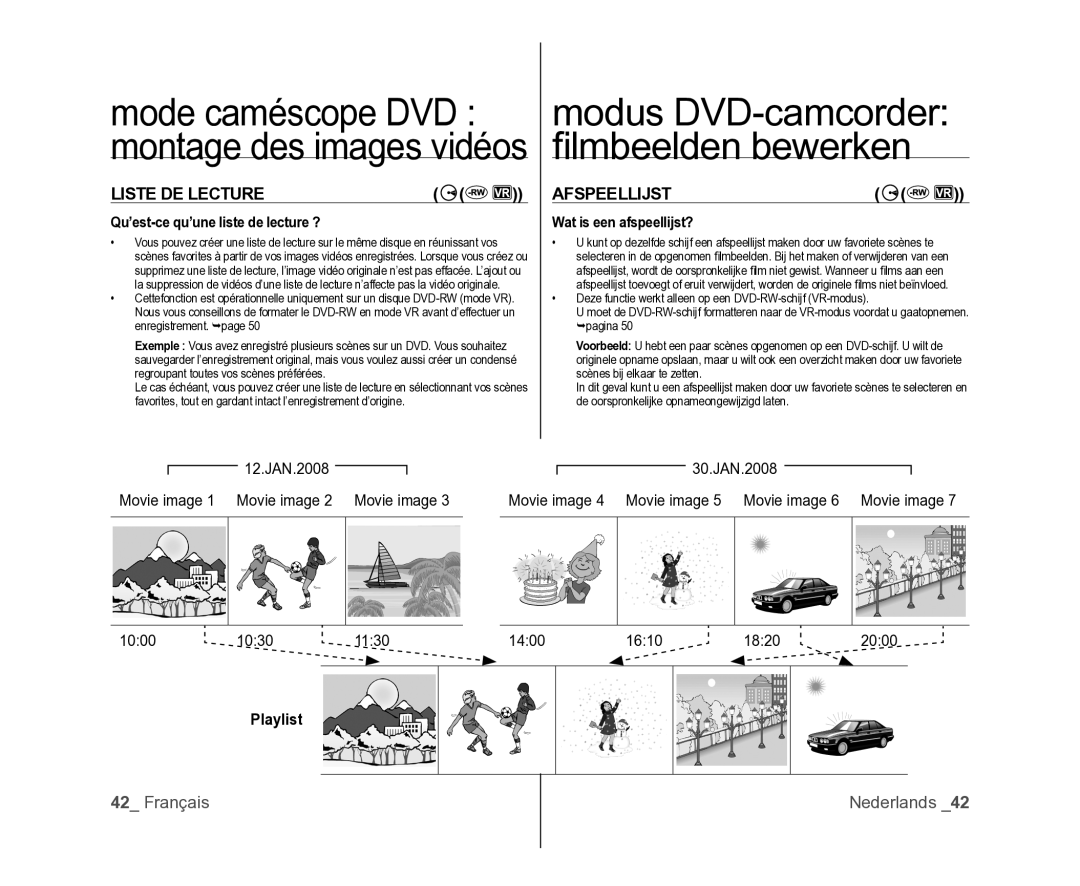 Samsung VP-DX105/XEF manual Liste DE Lecture Afspeellijst, Qu’est-ce qu’une liste de lecture ?, Wat is een afspeellijst? 