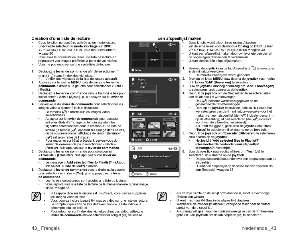 Samsung VP-MX25E/EDC, VP-DX105/XEF, VP-DX100/XEF manual Création d’une liste de lecture, Een afspeellijst maken 