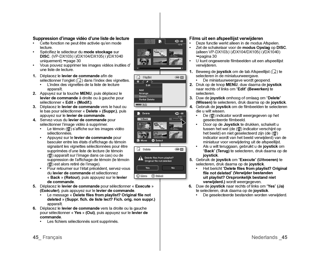 Samsung VP-DX105/XEF, VP-MX25E/EDC Suppression d’image vidéo d’une liste de lecture, Du levier de commande et sélectionnez 