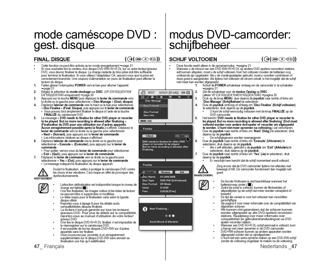 Samsung VP-DX100/XEF, VP-DX105/XEF, VP-MX25E/EDC manual Gest. disque Schijfbeheer, FINAL. Disque, Schijf Voltooien 