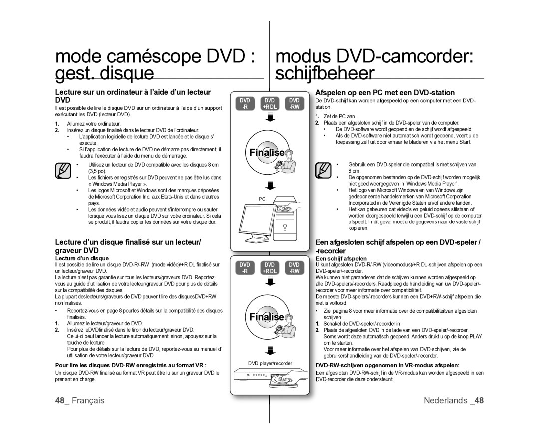 Samsung VP-DX105/XEF, VP-MX25E/EDC Lecture sur un ordinateur à l’aide d’un lecteur, Fspelen op een PC met een DVD-station 