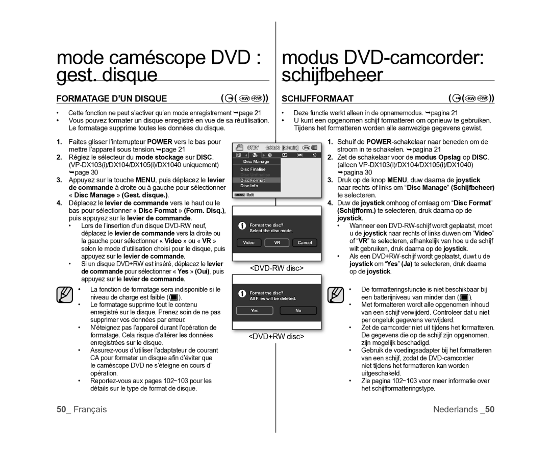 Samsung VP-DX100/XEF, VP-DX105/XEF, VP-MX25E/EDC manual Formatage D’UN Disque, Schijfformaat, DVD+RW disc 