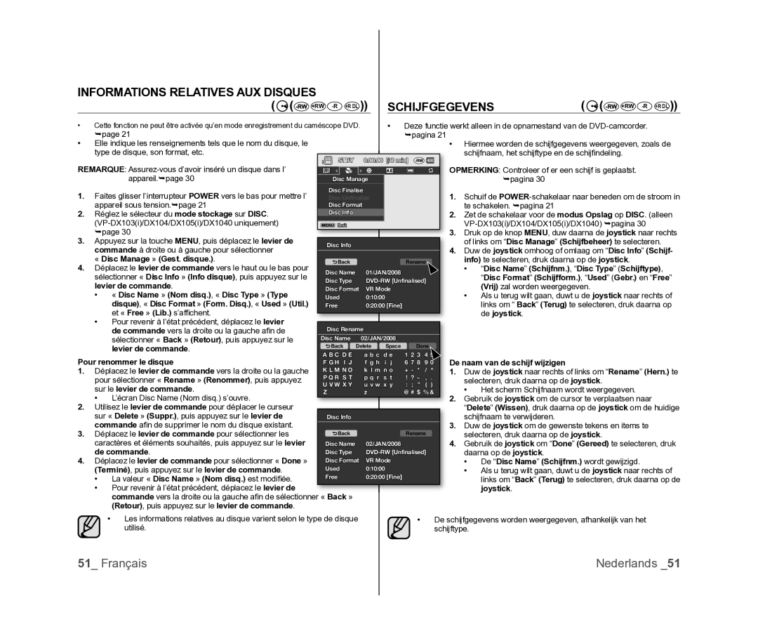 Samsung VP-DX105/XEF, VP-MX25E/EDC, VP-DX100/XEF manual Informations Relatives AUX Disques Schijfgegevens 