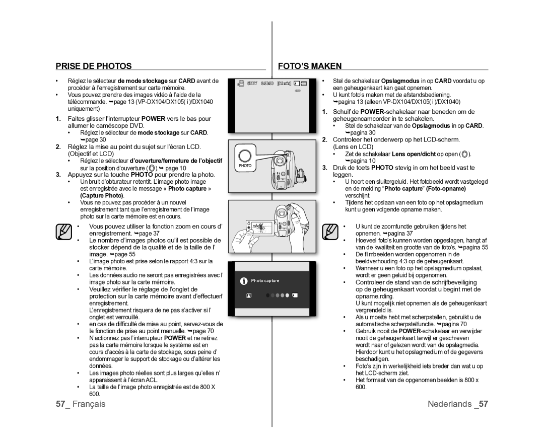 Samsung VP-DX105/XEF, VP-MX25E/EDC, VP-DX100/XEF manual Prise DE Photos FOTO’S Maken 