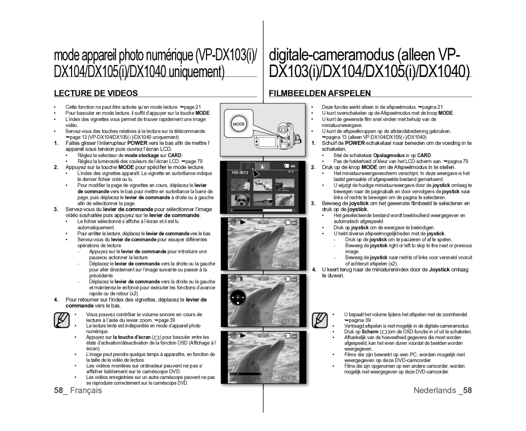 Samsung VP-MX25E/EDC, VP-DX105/XEF, VP-DX100/XEF manual Lecture DE Videos, Filmbeelden Afspelen 