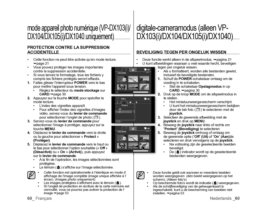 Samsung VP-DX105/XEF manual Protection Contre LA Suppression Accidentelle, Beveiliging Tegen PER Ongeluk Wissen, Protéger 