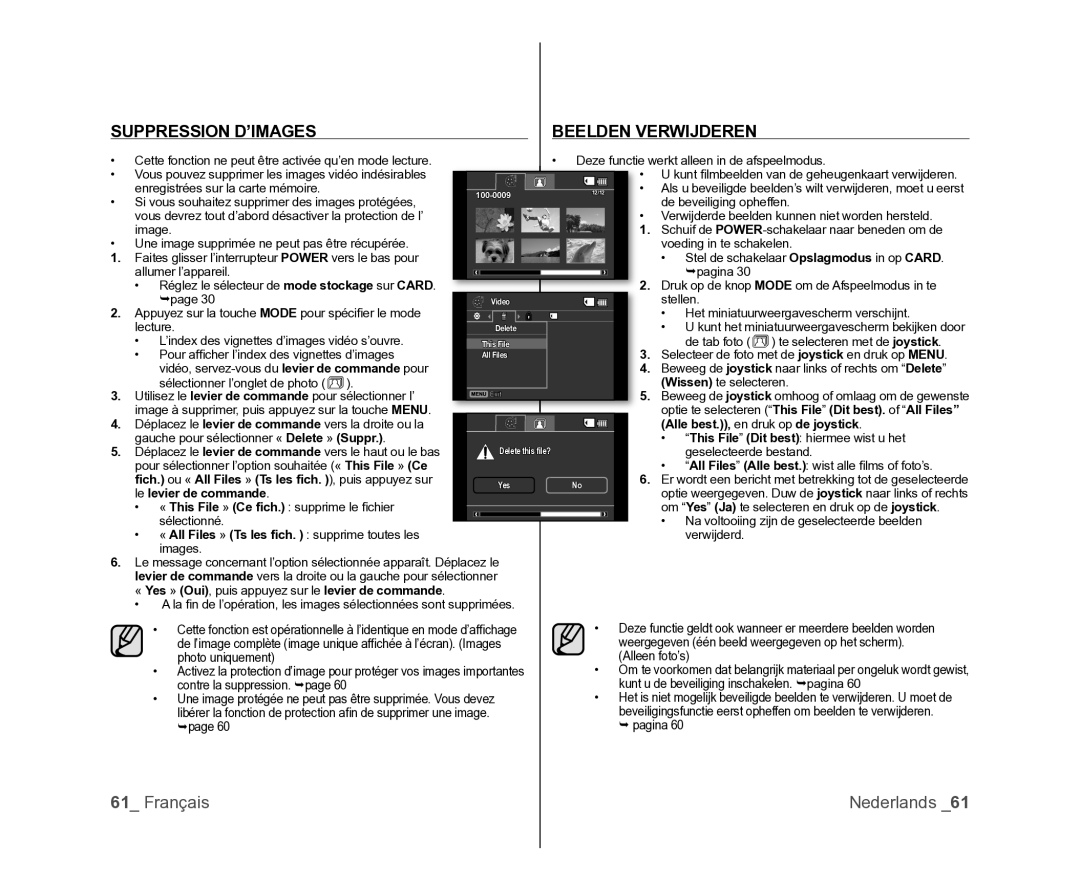 Samsung VP-MX25E/EDC manual Suppression D’IMAGES Beelden Verwijderen, Optie te selecteren This File Dit best. of All Files 