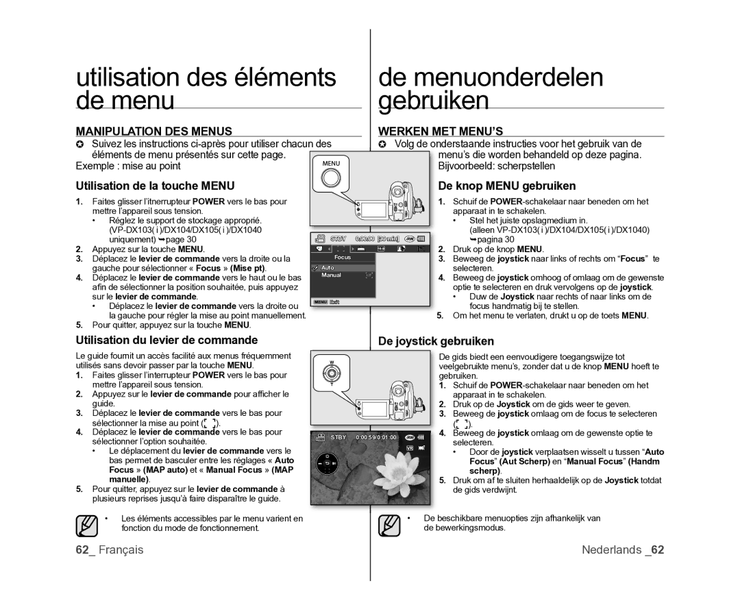 Samsung VP-DX100/XEF manual Utilisation des éléments De menuonderdelen Gebruiken, Manipulation DES Menus Werken MET MENU’S 