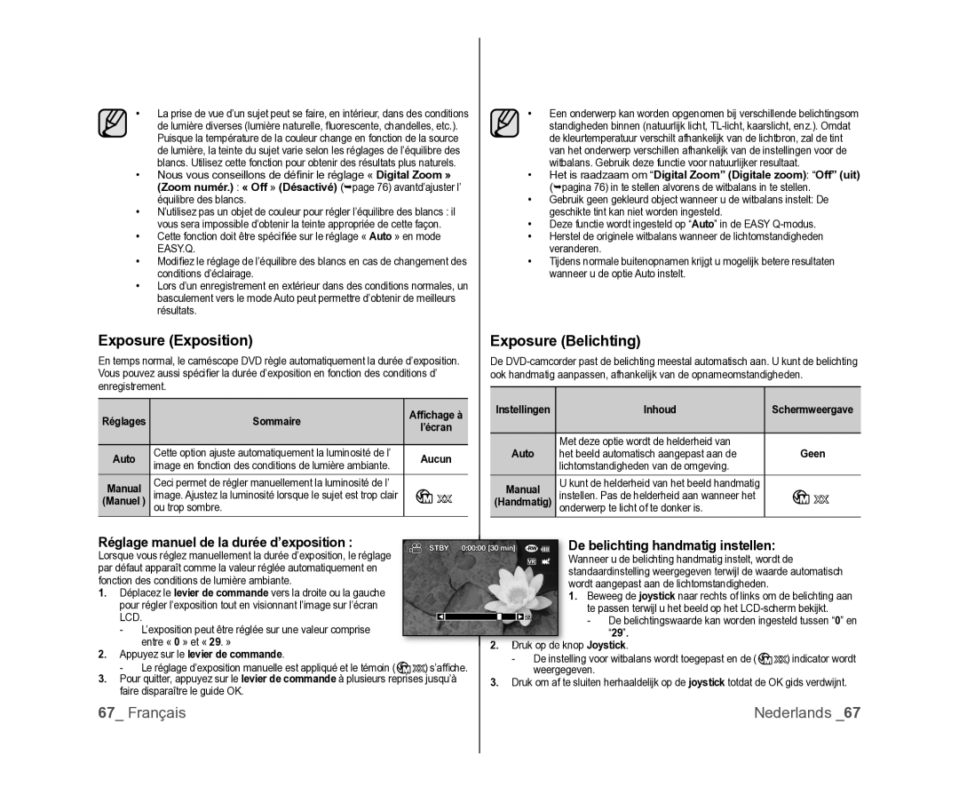 Samsung VP-MX25E/EDC, VP-DX105/XEF manual Exposure Exposition, Exposure Belichting, Réglage manuel de la durée d’exposition 