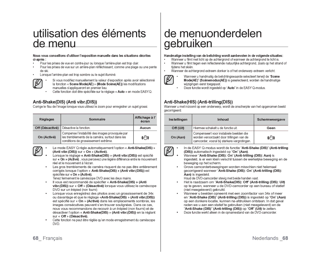 Samsung VP-DX100/XEF Anti-ShakeDIS Anti vibr.DIS, Anti-ShakeHIS Anti-trillingDIS, Conditions de grossissement extrême 