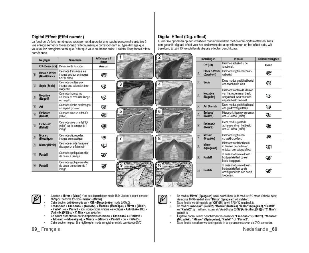 Samsung VP-DX105/XEF, VP-MX25E/EDC, VP-DX100/XEF manual Digital Effect Effet numér, Digital Effect Dig. effect 