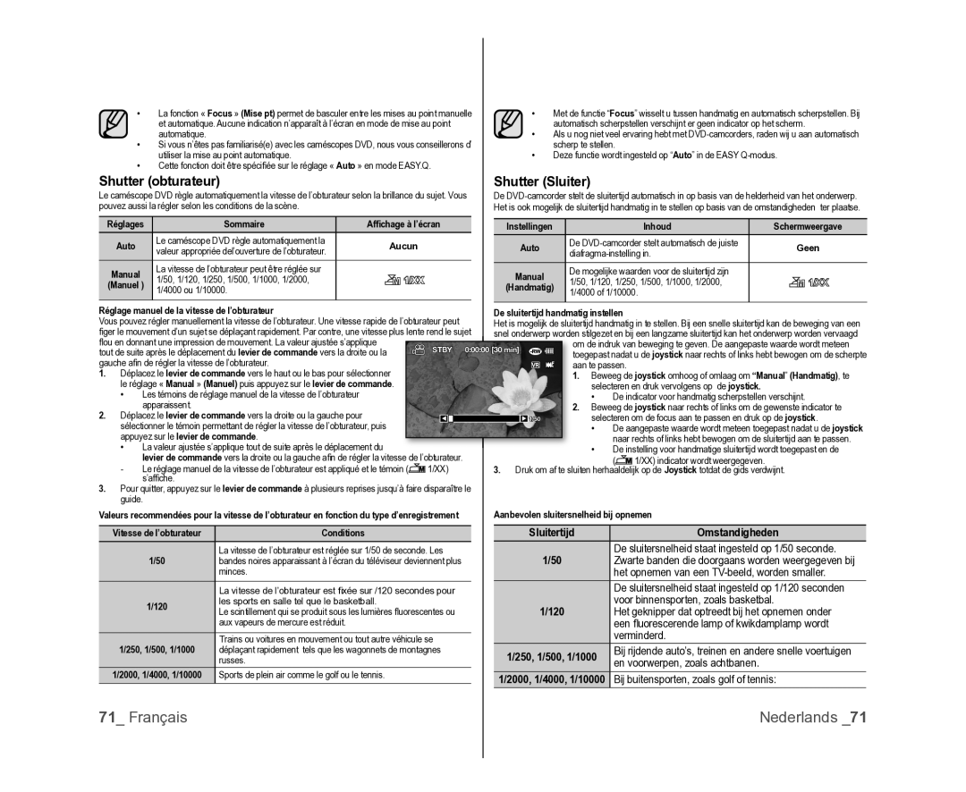 Samsung VP-DX100/XEF, VP-DX105/XEF, VP-MX25E/EDC manual Shutter obturateur, Shutter Sluiter, Sluitertijd Omstandigheden, 120 