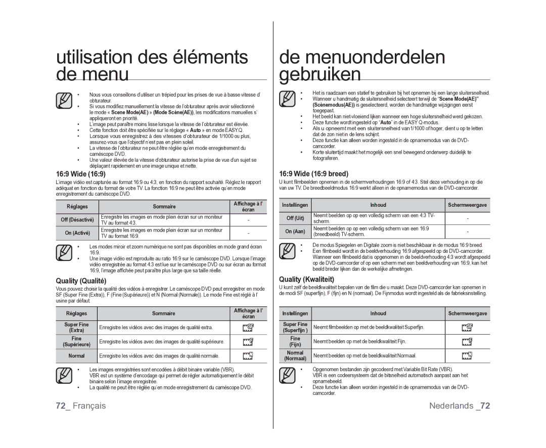 Samsung VP-DX105/XEF, VP-MX25E/EDC, VP-DX100/XEF manual Quality Qualité, Wide 169 breed, Quality Kwaliteit 