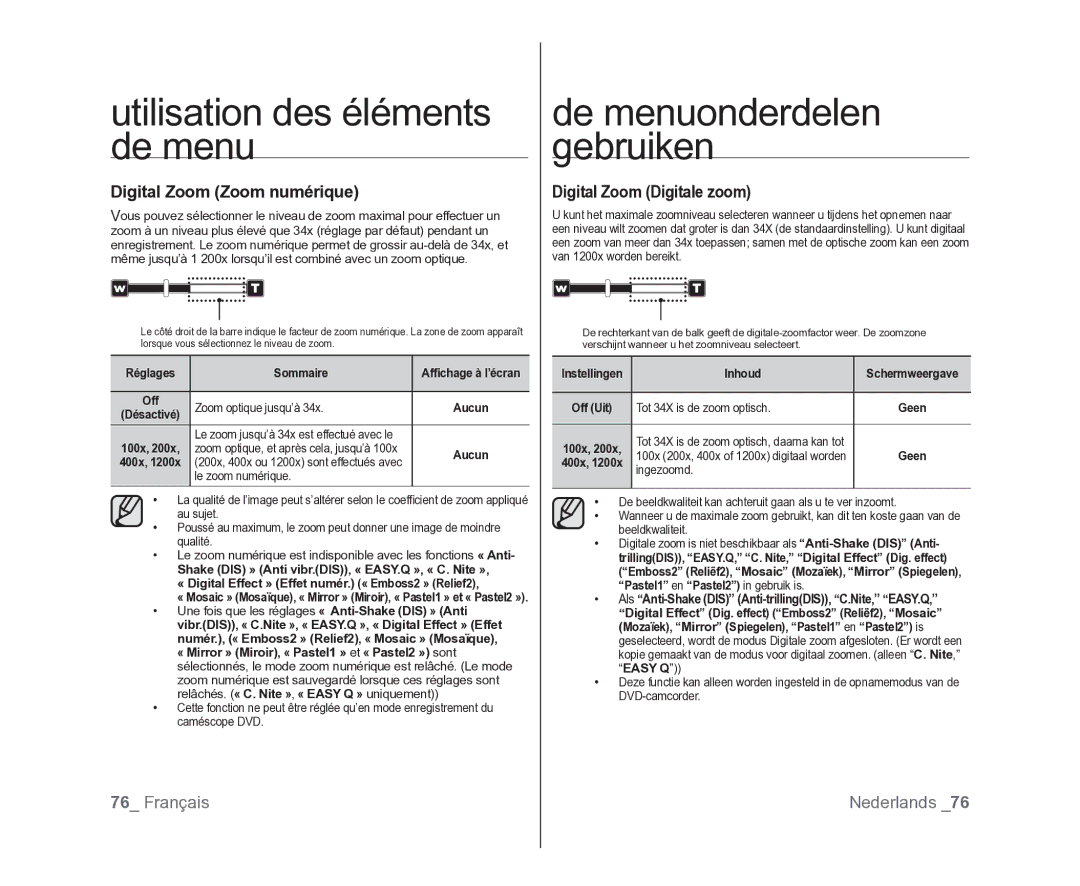 Samsung VP-MX25E/EDC, VP-DX105/XEF, VP-DX100/XEF manual Digital Zoom Zoom numérique, Digital Zoom Digitale zoom 