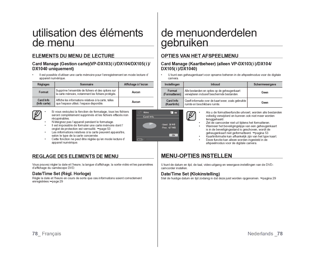 Samsung VP-DX105/XEF, VP-MX25E/EDC Elements DU Menu DE Lecture, Opties VAN HET Afspeelmenu, Reglage DES Elements DE Menu 