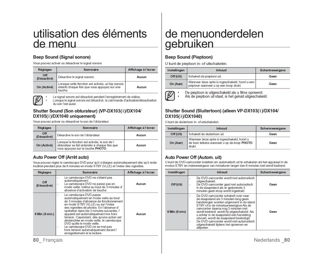 Samsung VP-DX100/XEF Beep Sound Signal sonore, Auto Power Off Arrêt auto, Beep Sound Pieptoon, Auto Power Off Autom. uit 