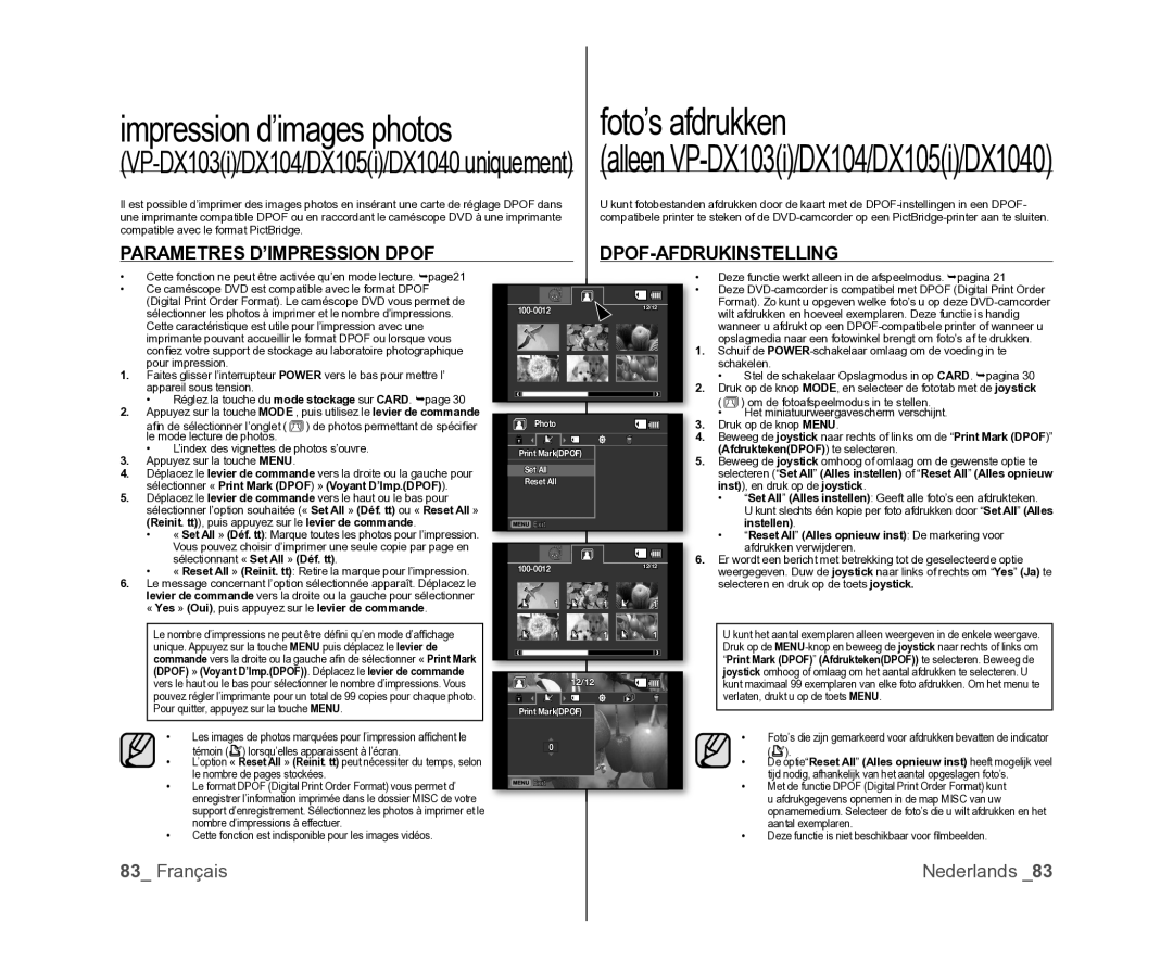 Samsung VP-DX100/XEF manual VP-DX103i/DX104/DX105i/DX1040 uniquement, Parametres D’IMPRESSION Dpof DPOF-AFDRUKINSTELLING 