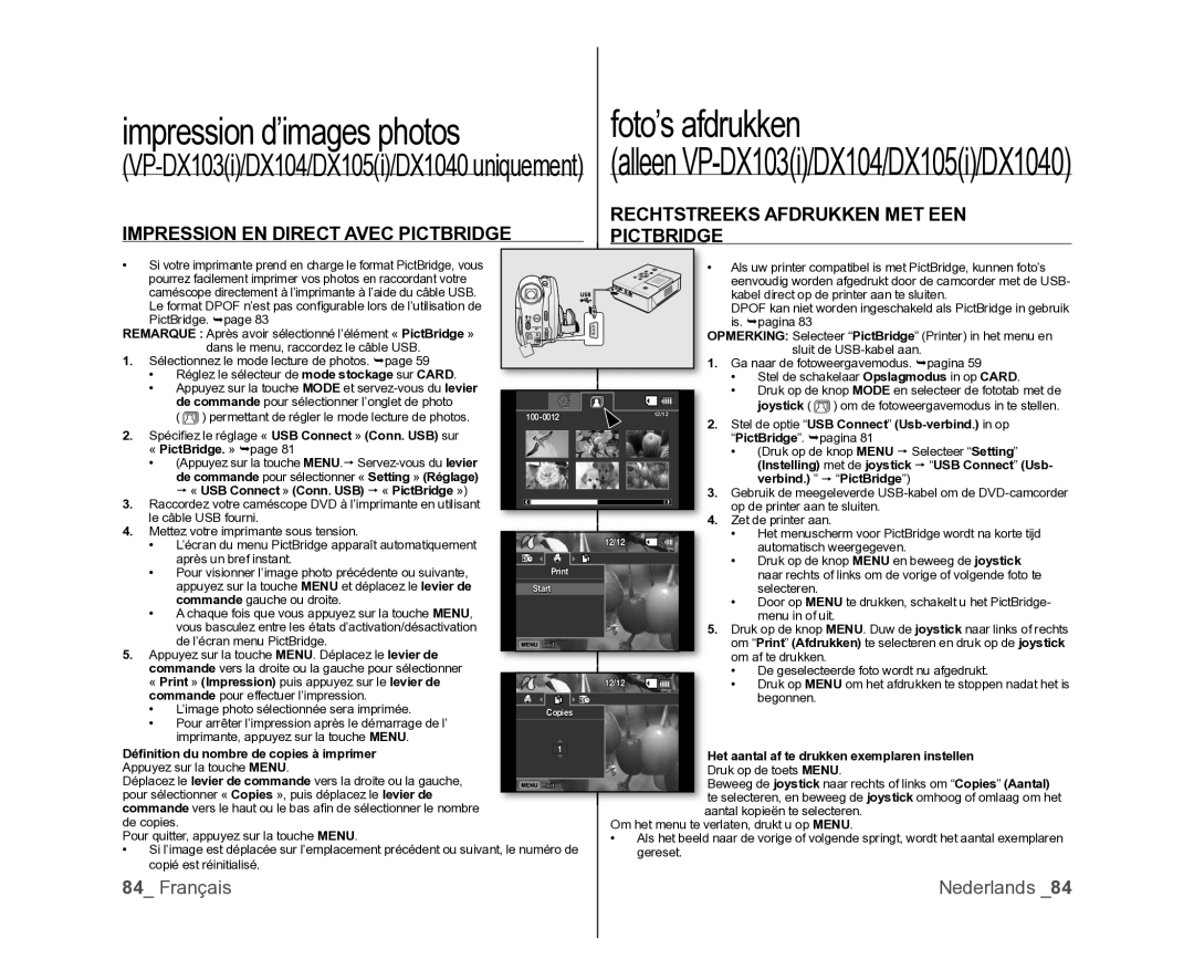 Samsung VP-DX105/XEF, VP-MX25E/EDC manual Impression EN Direct Avec Pictbridge, Rechtstreeks Afdrukken MET EEN Pictbridge 