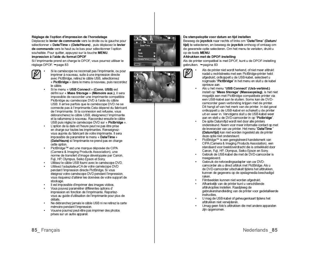 Samsung VP-MX25E/EDC, VP-DX105/XEF Réglage de l’option d’impression de l’horodatage, Impression à l’aide du format Dpof 