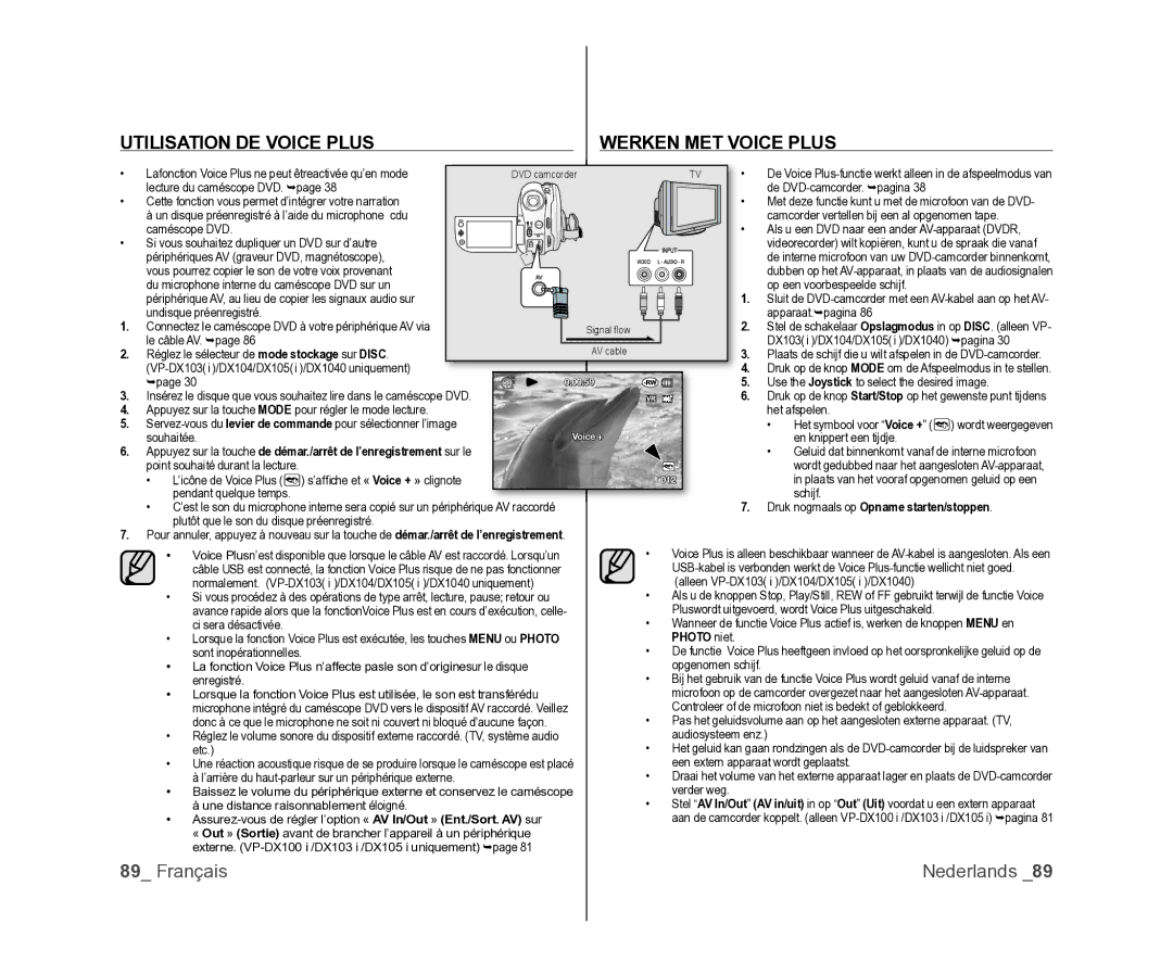 Samsung VP-DX100/XEF manual Utilisation DE Voice Plus Werken MET Voice Plus, Druk nogmaals op Opname starten/stoppen 