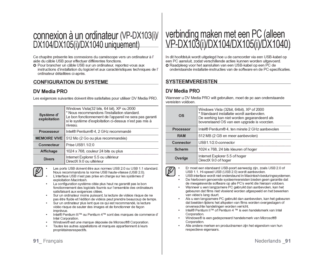 Samsung VP-MX25E/EDC, VP-DX105/XEF, VP-DX100/XEF manual Configuration DU Systeme, DV Media PRO, Systeemvereisten 