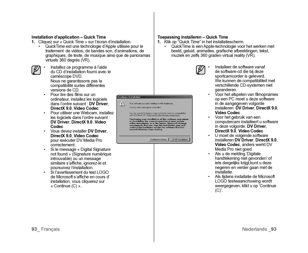 Samsung VP-DX105/XEF manual Installation d’application Quick Time, Toepassing installeren Quick Time, Video Codec 