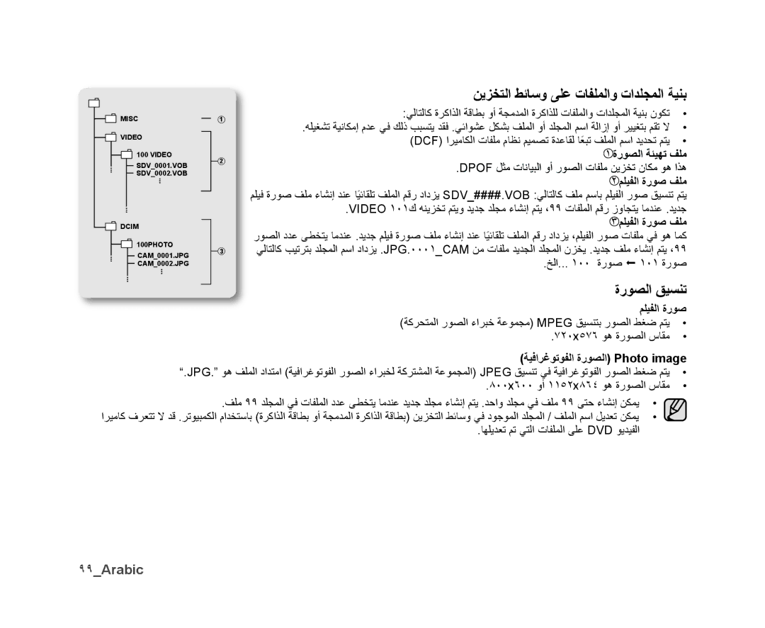 Samsung VP-DX10H/MEA, VP-DX10/UMG, VP-DX10/HAC, VP-DX10/KNT ﻦﻳﺰﺨﺘﻟﺍ ﻂﺋﺎﺳﻭ ﻰﻠﻋ ﺕﺎﻔﻠﻤﻟﺍﻭ ﺕﺍﺪﻠﺠﻤﻟﺍ ﺔﻴﻨﺑ, ﺓﺭﻮﺼﻟﺍ ﻖﻴﺴﻨﺗ, ٩٩Arabic 