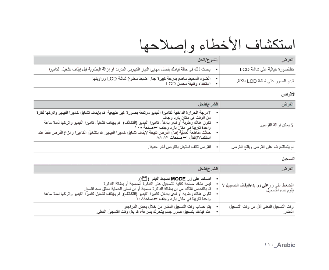 Samsung VP-DX10/ADL, VP-DX10/UMG, VP-DX10H/MEA, VP-DX10/HAC manual ١١٠Arabic, ﺹﺍﺮﻗﻷﺍ, ﻞﻴﺠﺴﺘﻟﺍ ﻑﺎﻘﻳﺇ/ءﺪﺑ ﺭﺯ ﻰﻠﻋﺭﺯ ﻰﻠﻋ ﻂﻐﻀﻟﺍ 