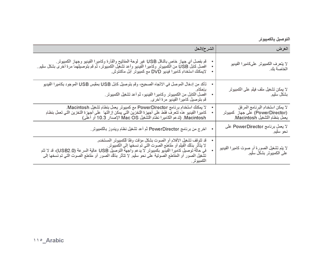 Samsung VP-DX10H/MEA, VP-DX10/UMG, VP-DX10/HAC, VP-DX10/KNT, VP-DX10/ADL, VP-DX10/MEA manual ١١٥Arabic, ﺮﺗﻮﻴﺒﻤﻜﻟﺎﺑ ﻞﻴﺻﻮﺘﻟﺍ 