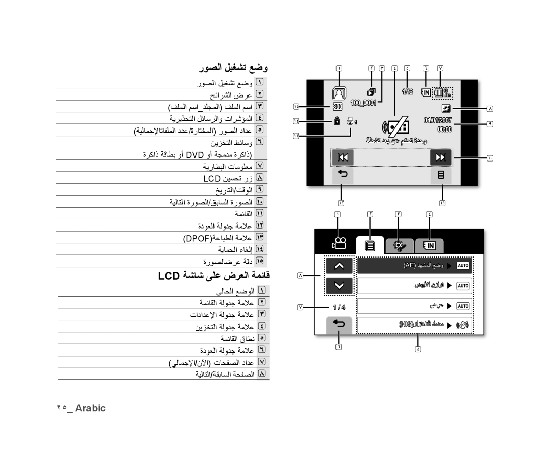 Samsung VP-DX10/SAH, VP-DX10/UMG, VP-DX10H/MEA, VP-DX10/HAC, VP-DX10/KNT manual ﺭﻮﺼﻟﺍ ﻞﻴﻐﺸﺗ ﻊﺿﻭ, Lcd ﺔﺷﺎﺷ ﻰﻠﻋ ﺽﺮﻌﻟﺍ ﺔﻤﺋﺎﻗ 