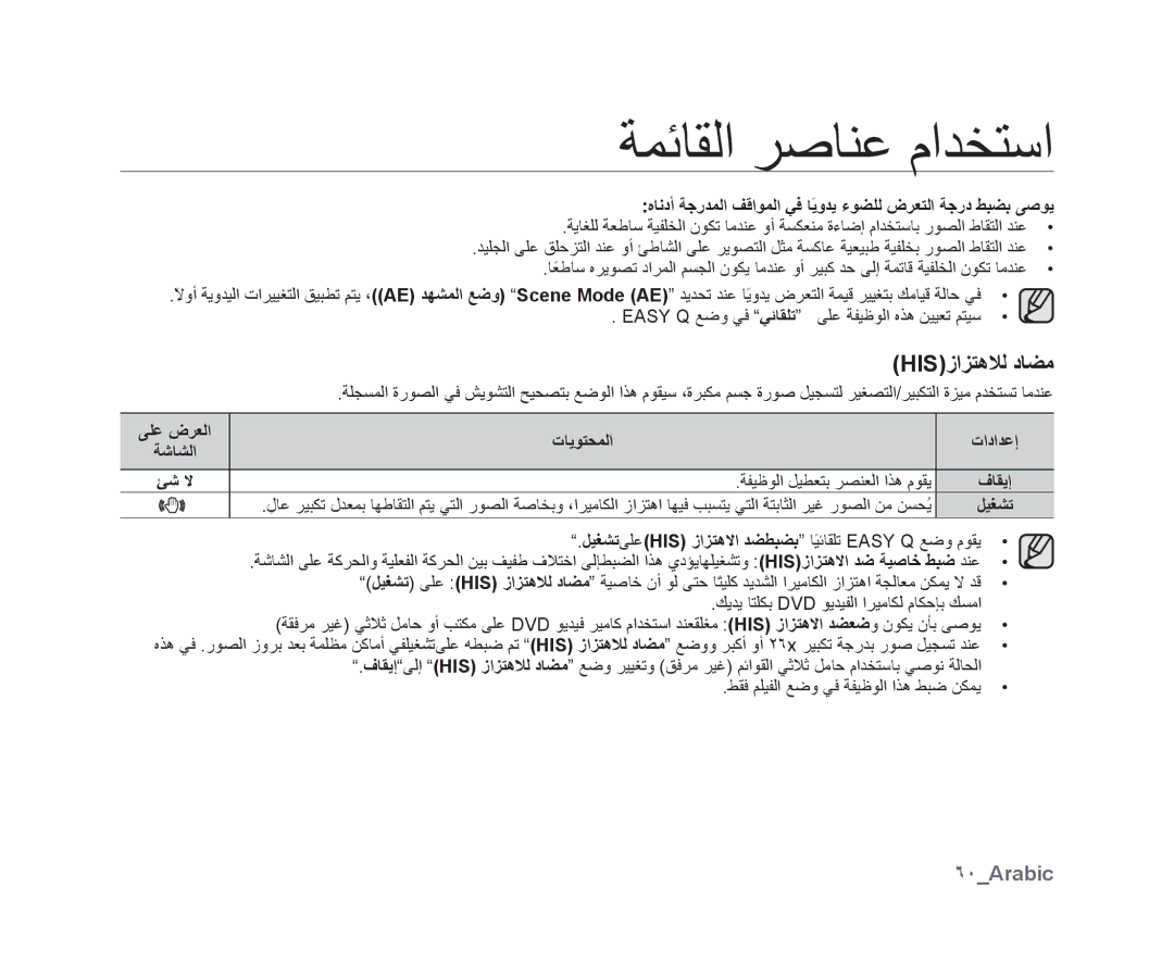 Samsung VP-DX10/HAC, VP-DX10/UMG, VP-DX10H/MEA, VP-DX10/KNT, VP-DX10/ADL, VP-DX10/MEA, VP-DX10H/HAC Hisﺯﺍﺰﺘﻫﻼﻟ ﺩﺎﻀﻣ, ٦٠Arabic 