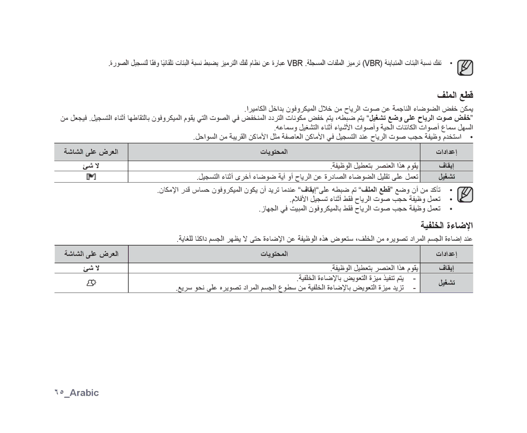 Samsung VP-DX10/SAH, VP-DX10/UMG, VP-DX10H/MEA ﻒﻠﻤﻟﺍ ﻊﻄﻗ, ﺔﻴﻔﻠﺨﻟﺍ ﺓءﺎﺿﻹﺍ, ٦٥Arabic, ﺔﺷﺎﺸﻟﺍ ﻰﻠﻋ ﺽﺮﻌﻟﺍ ﺕﺎﻳﻮﺘﺤﻤﻟﺍ ﺕﺍﺩﺍﺪﻋﺇ ﺊﺷ ﻻ 