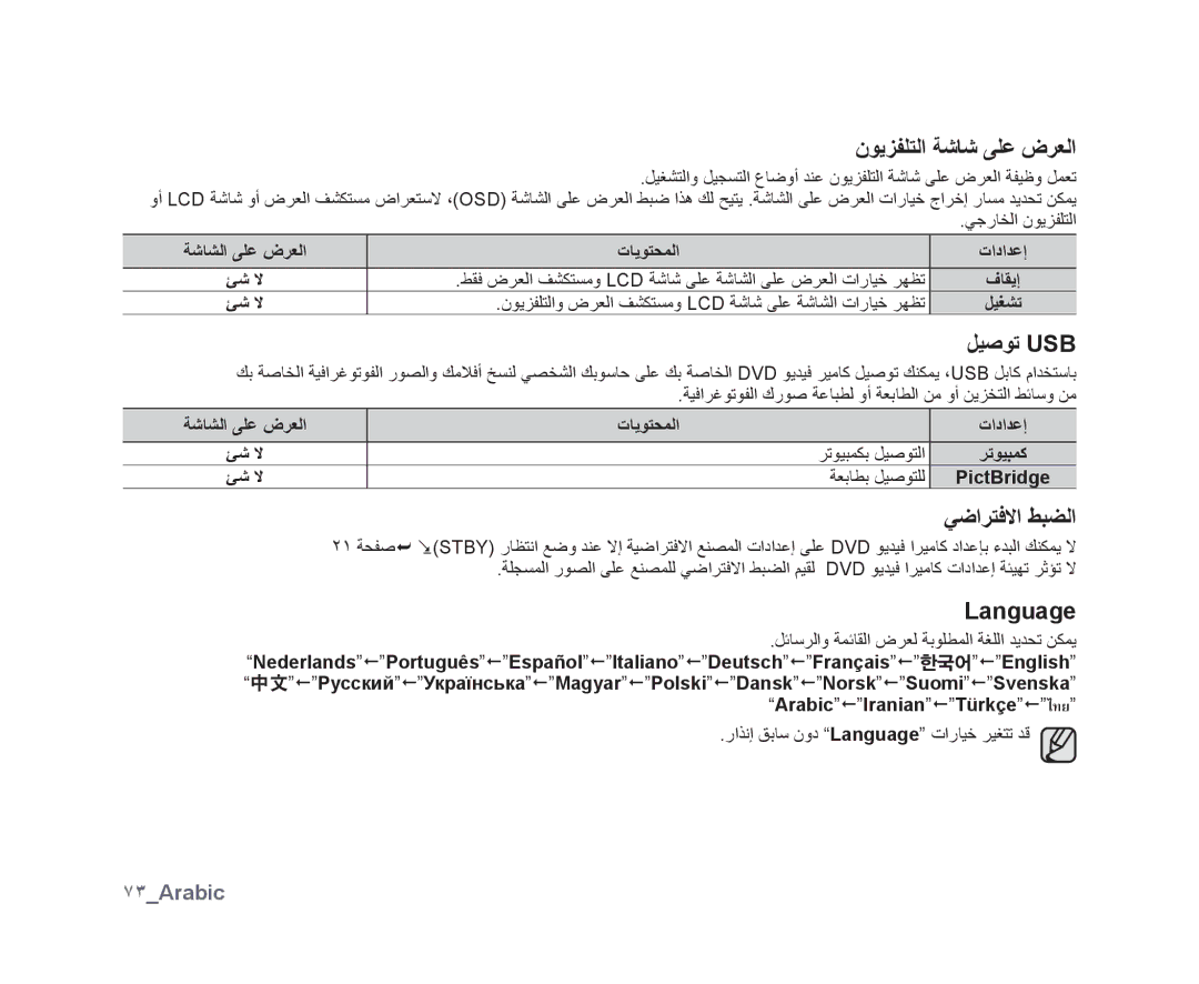 Samsung VP-DX10/SAH, VP-DX10/UMG, VP-DX10H/MEA manual ﻥﻮﻳﺰﻔﻠﺘﻟﺍ ﺔﺷﺎﺷ ﻰﻠﻋ ﺽﺮﻌﻟﺍ, ﻞﻴﺻﻮﺗ Usb, ﻲﺿﺍﺮﺘﻓﻻﺍ ﻂﺒﻀﻟﺍ, Language, ٧٣Arabic 