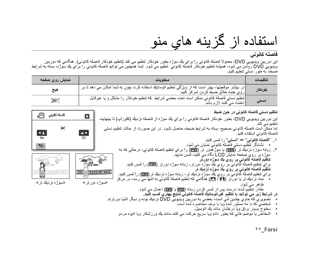 Samsung VP-DX10/ADL, VP-DX10/UMG, VP-DX10H/MEA, VP-DX10/HAC, VP-DX10/KNT, VP-DX10/MEA, VP-DX10H/HAC manual ﻲﻧﻮﻧﺎﻛ ﻪﻠﺻﺎﻓ, ۶٢Farsi 