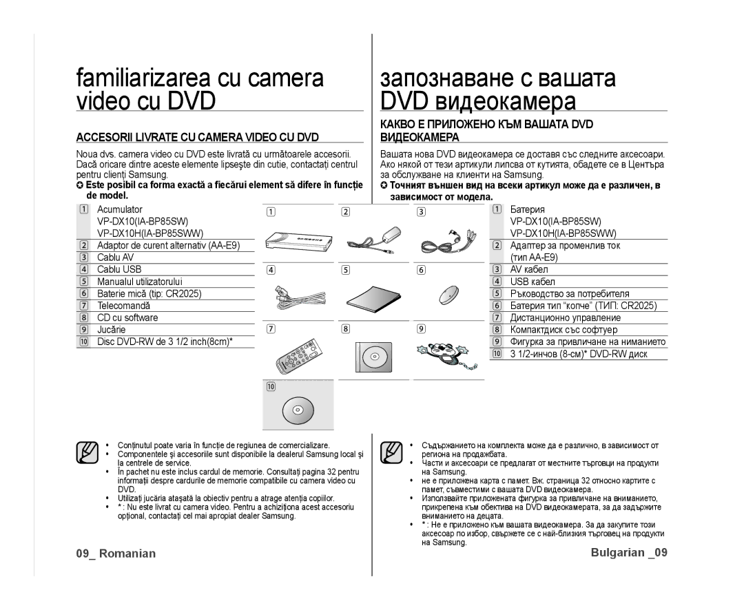 Samsung VP-DX10/XEE Запознаване с вашата, Video cu DVD DVD видеокамера, Какво Е Приложено КЪМ Вашата DVD, Видеокамера 