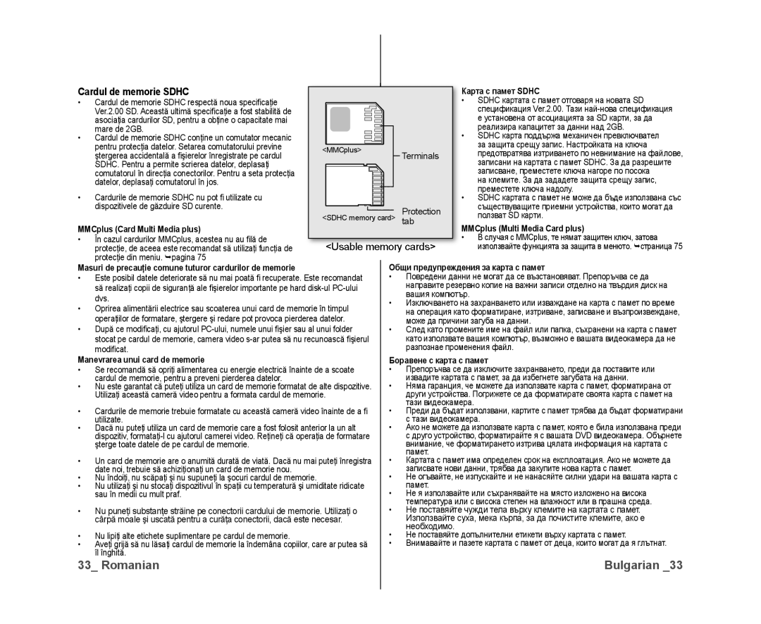 Samsung VP-DX10/XEE manual Cardul de memorie Sdhc, Usable memory cards 