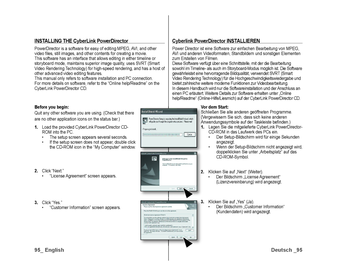 Samsung VP-DX10/XEE manual Installing the CyberLink PowerDirector, Cyberlink PowerDirector Installieren, Before you begin 