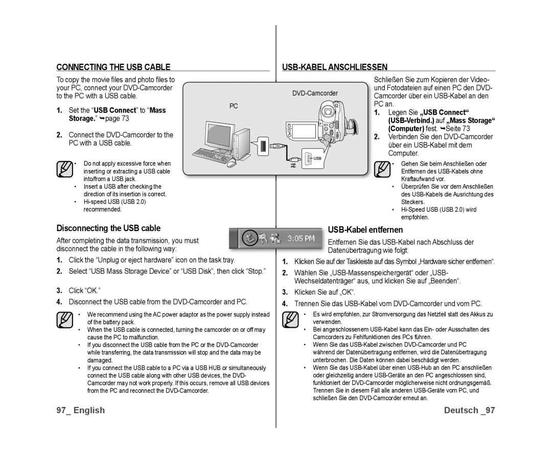 Samsung VP-DX10H/MEA Connecting the USB Cable USB-KABEL Anschliessen, Disconnecting the USB cable, USB-Kabel entfernen 