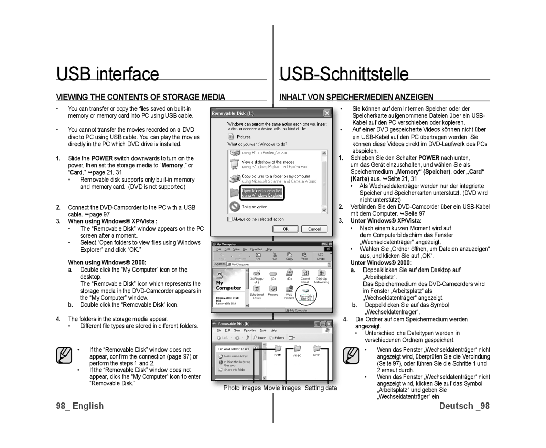 Samsung VP-DX10/HAC manual Photo images Movie images Setting data, When using Windows XP/Vista, Unter Windows XP/Vista 