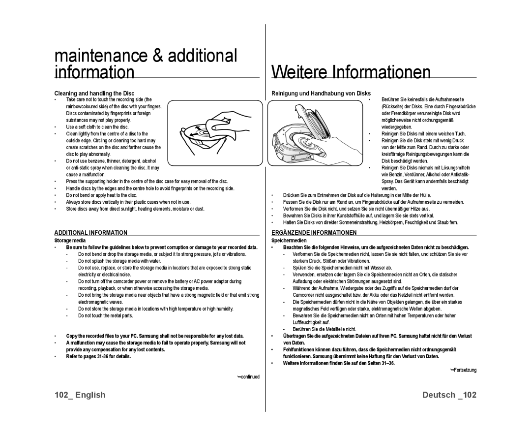 Samsung VP-DX10H/HAC manual Cleaning and handling the Disc, Additional Information, Reinigung und Handhabung von Disks 