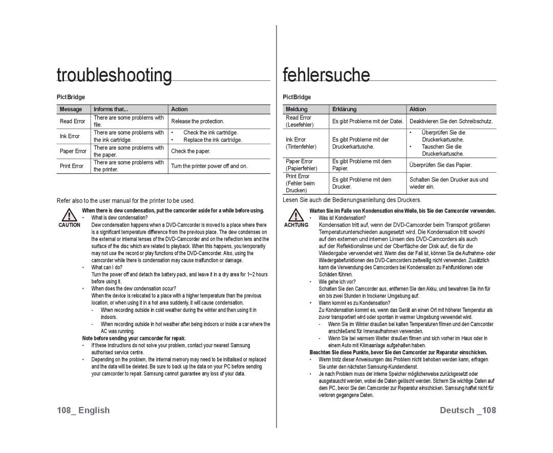 Samsung VP-DX10/XEO manual PictBridge, Lesen Sie auch die Bedienungsanleitung des Druckers, Message Informs that Action 