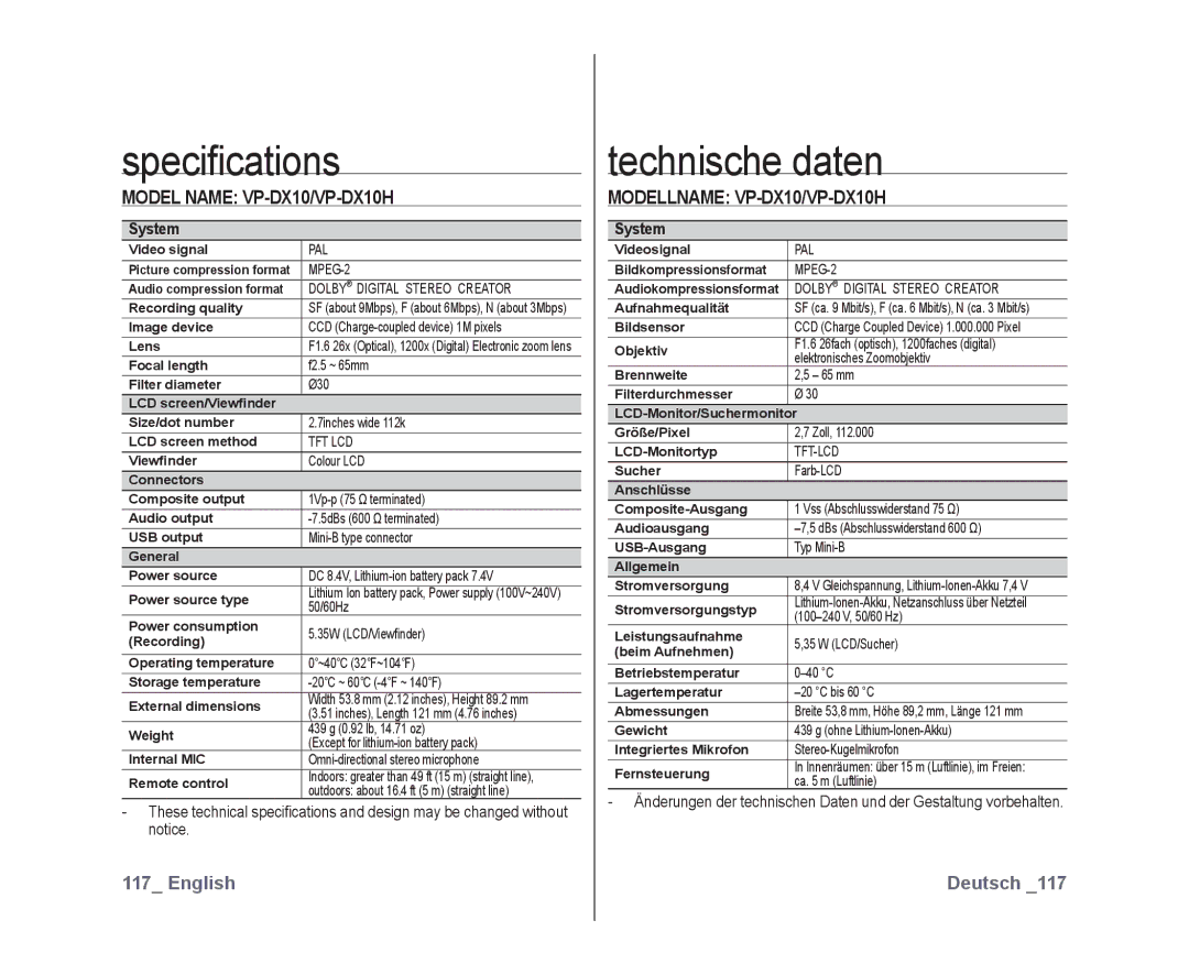 Samsung VP-DX10/SAH Speciﬁcations, Technische daten, Model Name VP-DX10/VP-DX10H, Modellname VP-DX10/VP-DX10H, System 