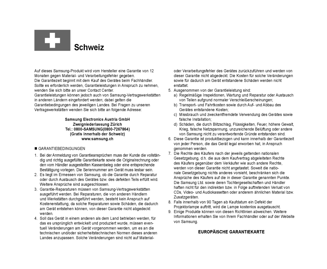 Samsung VP-DX10/XER, VP-DX10/XEF, VP-DX10H/XEF, VP-DX10/XEO, VP-DX10/XEE, VP-DX10/UMG, VP-DX10H/MEA, VP-DX10/HAC manual Schweiz 