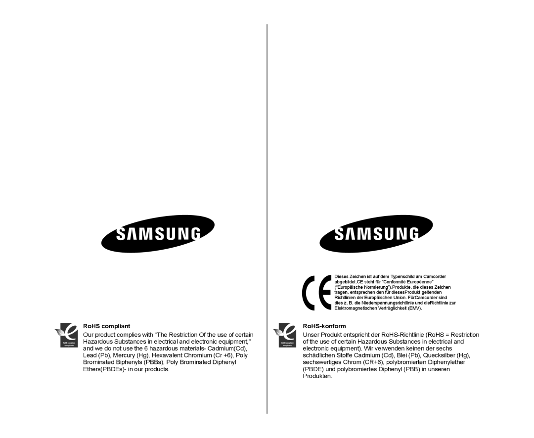 Samsung VP-DX10/XEO, VP-DX10/XEF, VP-DX10H/XEF, VP-DX10/XEE, VP-DX10/UMG, VP-DX10H/MEA manual RoHS compliant, RoHS-konform 