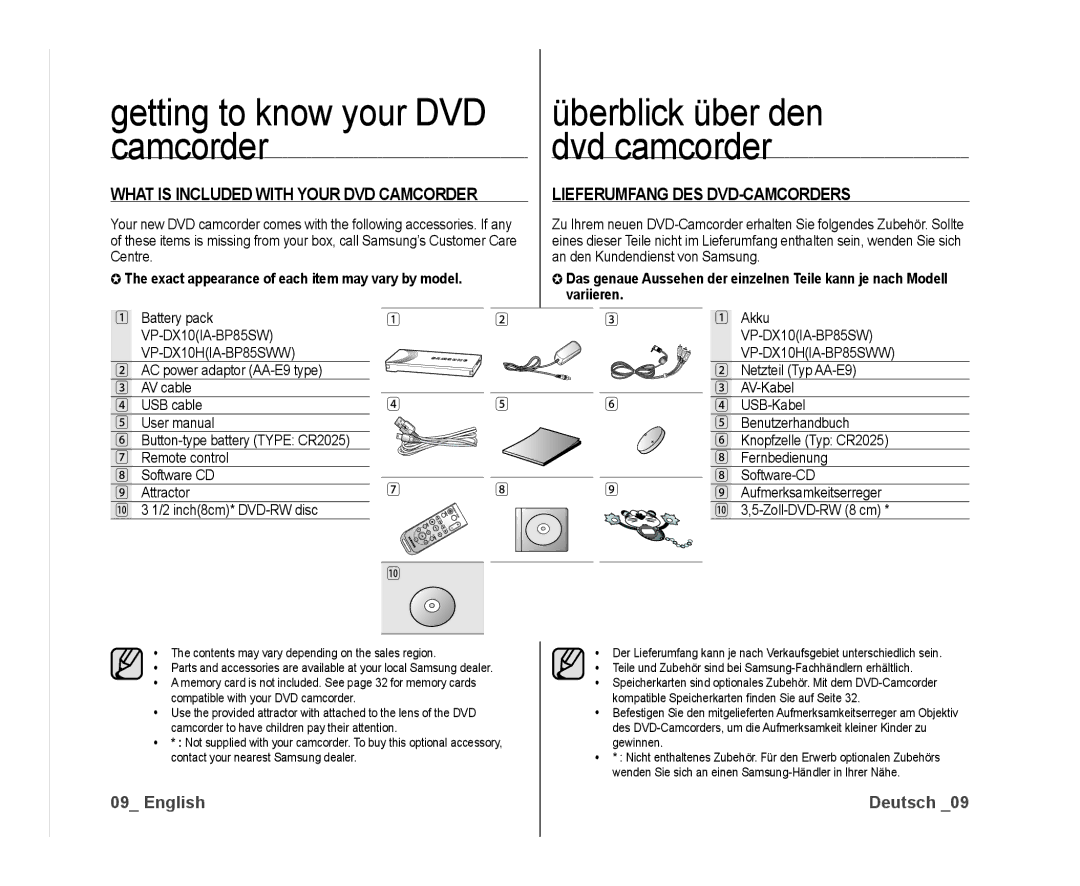 Samsung VP-DX10H/XEF, VP-DX10/XEF, VP-DX10/XEO Getting to know your DVD camcorder, What is Included with Your DVD Camcorder 