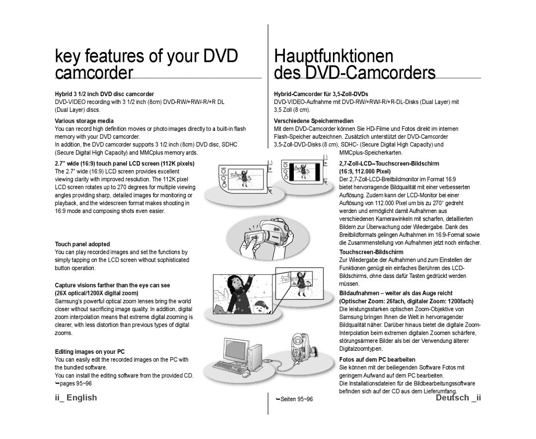 Samsung VP-DX10/XEO, VP-DX10/XEF, VP-DX10H/XEF manual Key features of your DVD camcorder, Hauptfunktionen Des DVD-Camcorders 